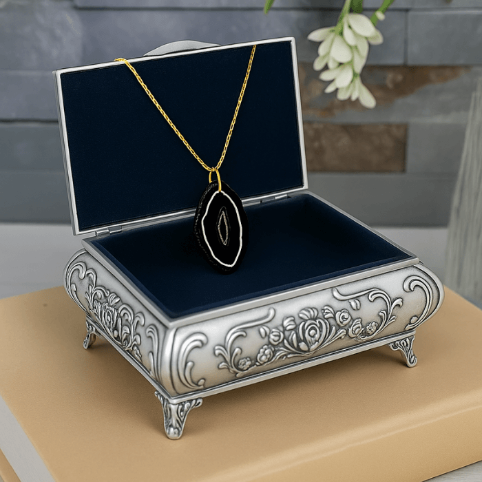 Crystal Black Agate Slice Necklace